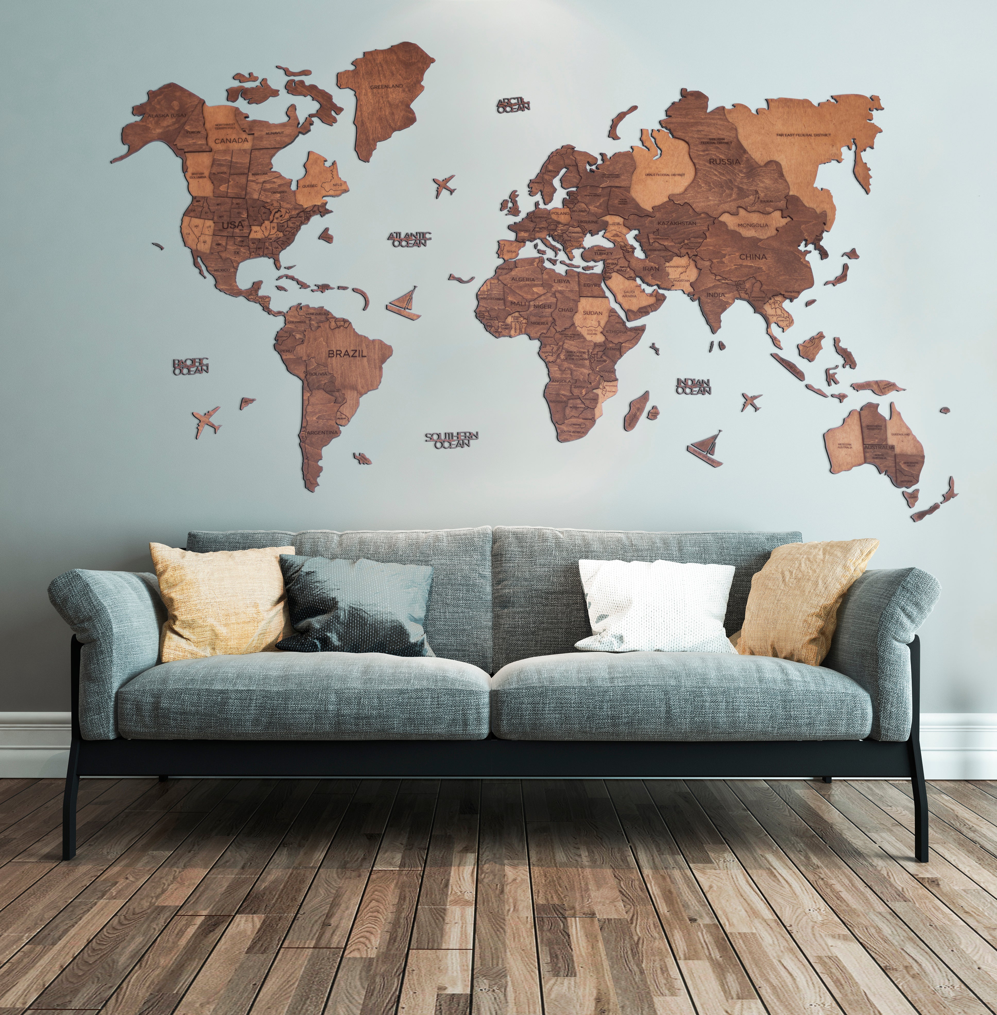 3D Wood World Map オークカラー 壁掛け木製世界地図【翌日出荷】