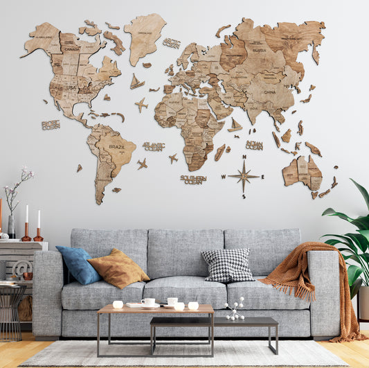 3D Wood World Map テラカラー 木製世界地図 【南極大陸なし】【約1週間で納品】【セール品は在庫なくなり次第終了】