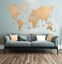 画像をギャラリービューアに読み込む, 2D Wood World Map ライトブラウン 壁掛け木製世界地図【翌日発送】
