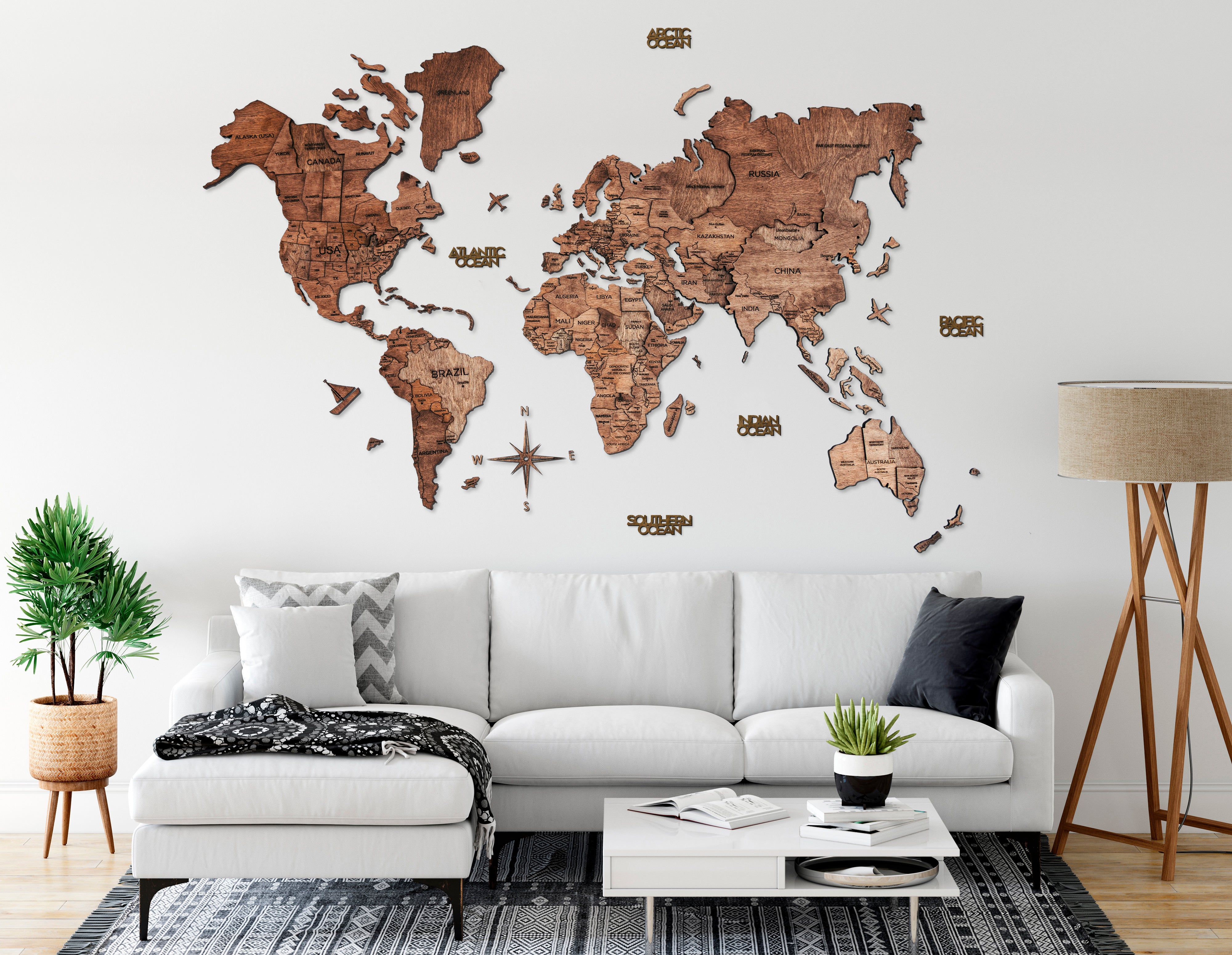 世界地図 木製 額 スペイン 壁掛け アンティーク 3D Wood World Map ダークウォルナット 木製世界地図 【南極大陸