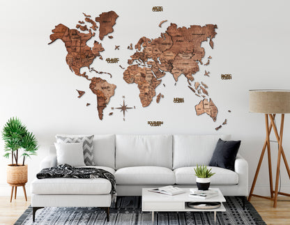 3D Wood World Map ダークウォルナット 木製世界地図 【南極大陸なし】【約1週間で納品】【セール品は在庫なくなり次第終了】