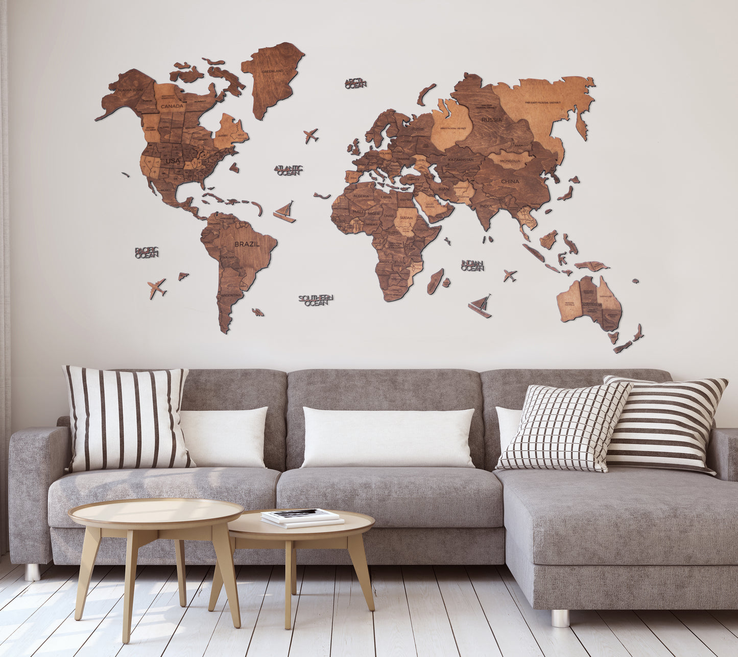 3D Wood World Map オークカラー 木製世界地図 【南極大陸なし】【約1週間で納品】【セール品は在庫なくなり次第終了】