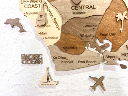 3D Wooden Hawaii Oahu Map 壁掛け木製オアフ地図 [在庫限りで販売終了予定][約1週間で出荷]