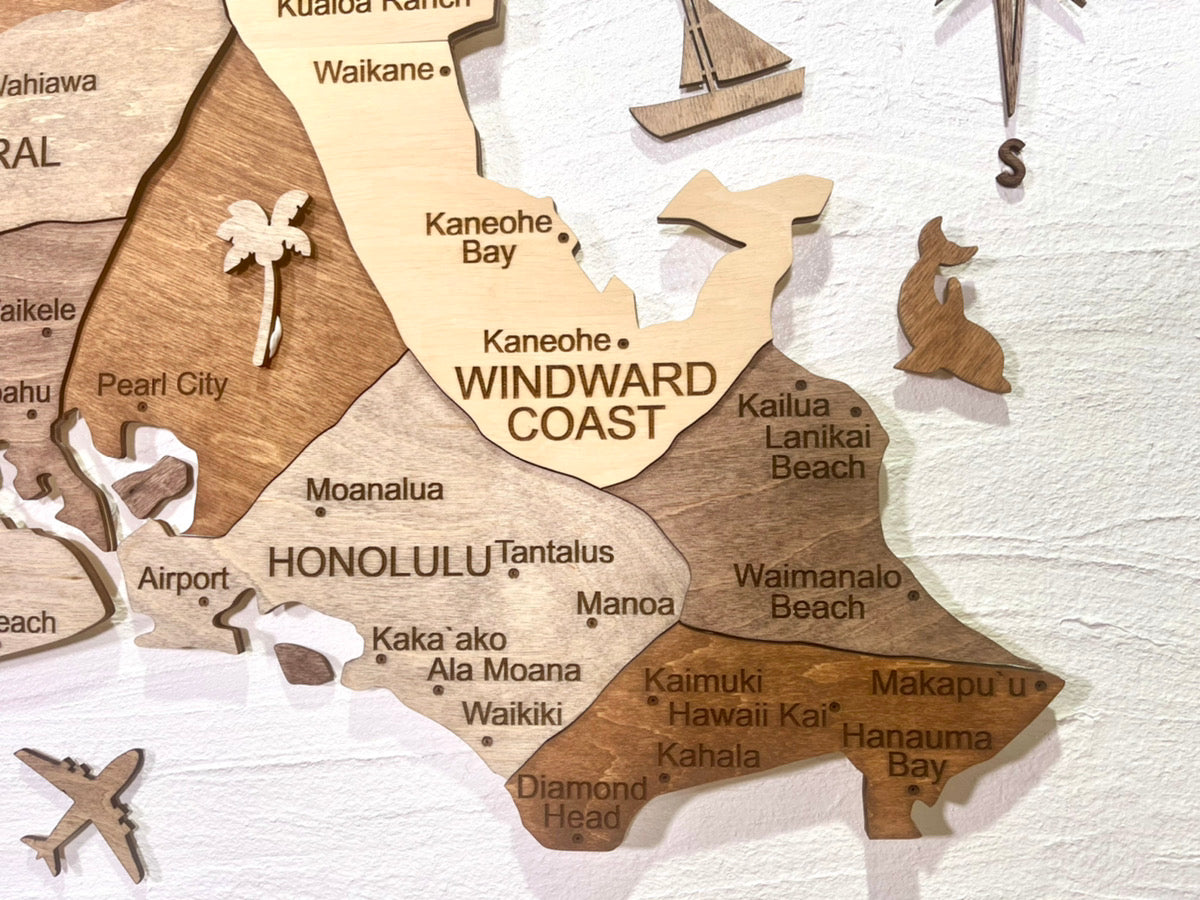 3D Wood Hawaii Oahu Map 壁掛け木製ハワイ地図【翌日出荷】