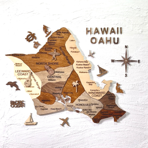 3D Wood Hawaii Oahu Map 壁掛け木製ハワイ地図【翌日出荷】