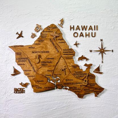 3D Wooden Hawaii Oahu Map 壁掛け木製オアフ地図 [在庫限りで販売終了予定][約1週間で出荷]