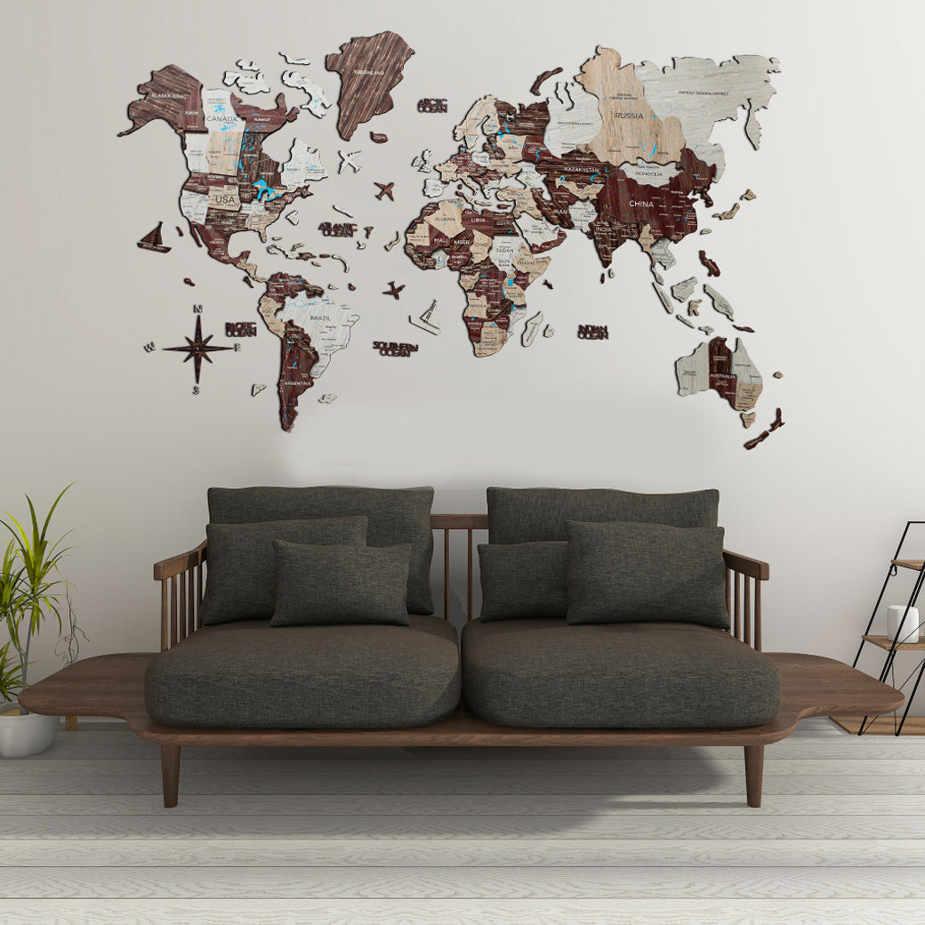 3D Wood World Map カプチーノカラー 木製世界地図 【南極大陸なし】【約1週間で納品】【セール品は在庫なくなり次第終了】
