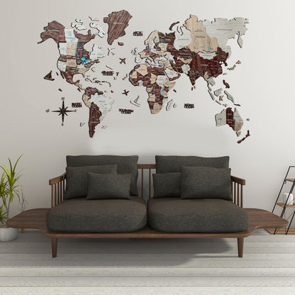 3D Wood World Map カプチーノカラー 木製世界地図 【南極大陸なし】【約1週間で納品】【セール品は在庫なくなり次第終了】