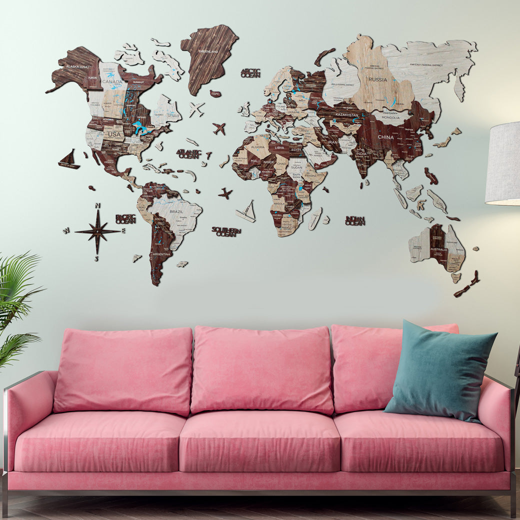 3D Wood World Map カプチーノカラー 壁掛け木製世界地図【翌日出荷】