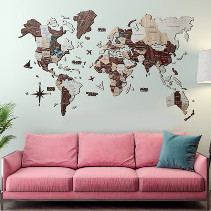 3D Wood World Map カプチーノカラー 木製世界地図 【南極大陸なし】【約1週間で納品】【セール品は在庫なくなり次第終了】