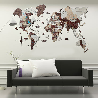 3D Wood World Map カプチーノカラー 木製世界地図 【南極大陸なし】【約1週間で納品】【セール品は在庫なくなり次第終了】