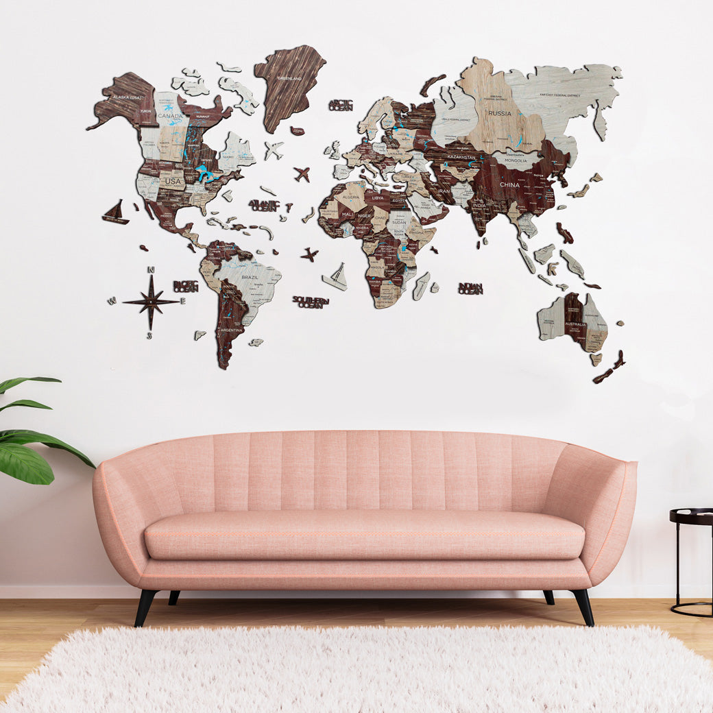 3D Wood World Map カプチーノカラー 木製世界地図 【南極大陸なし】【約1週間で納品】【セール品は在庫なくなり次第終了】