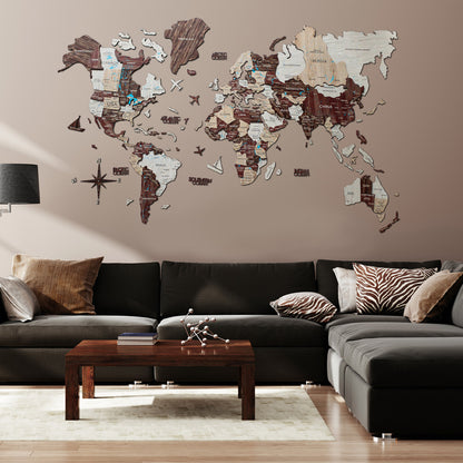 3D Wood World Map カプチーノカラー 木製世界地図 【南極大陸なし】【約1週間で納品】【セール品は在庫なくなり次第終了】