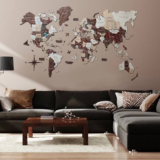 3D Wood World Map カプチーノカラー 木製世界地図 【南極大陸なし】【約1週間で納品】【セール品は在庫なくなり次第終了】
