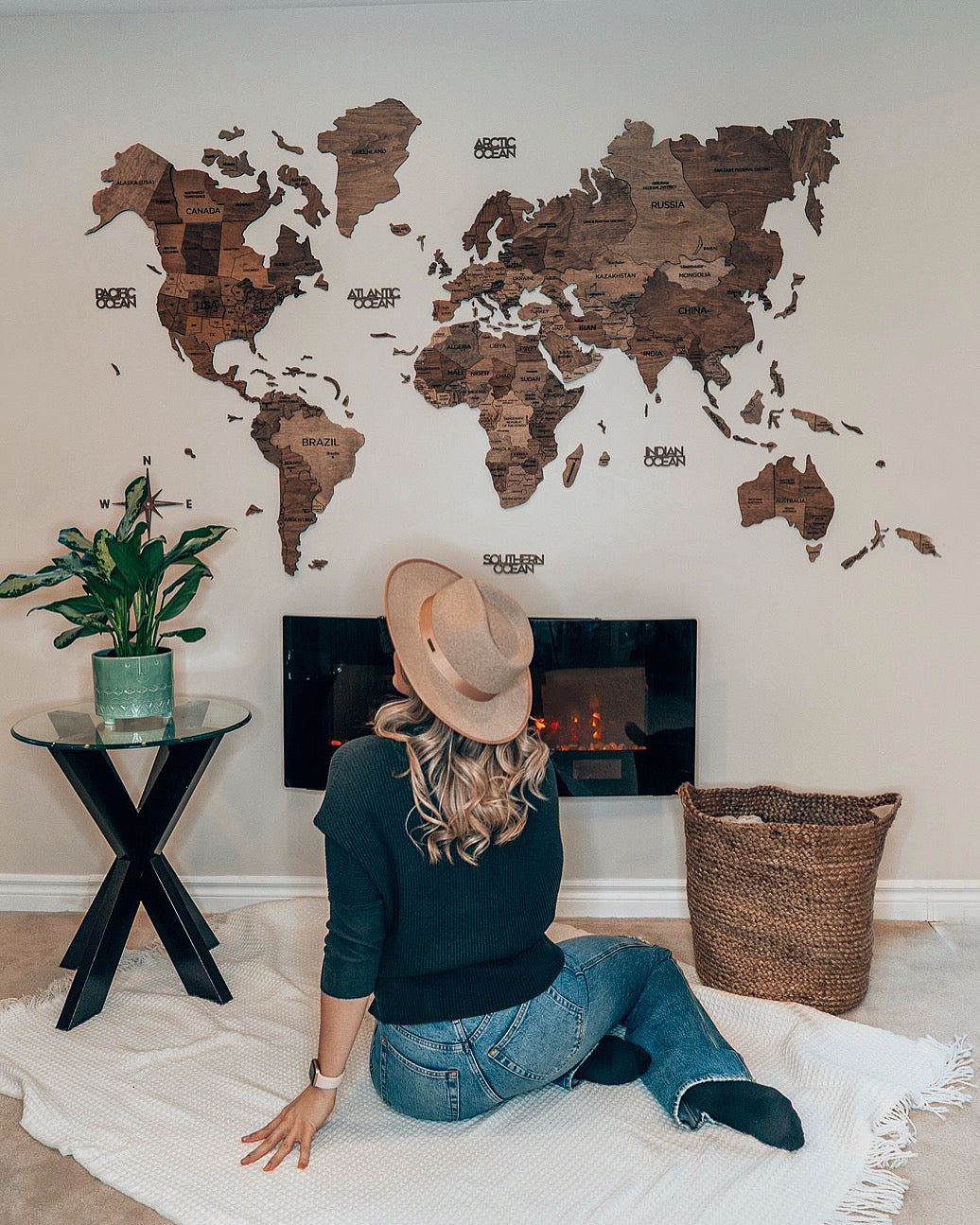 3D Wood World Map ダークウォルナット 壁掛け木製世界地図