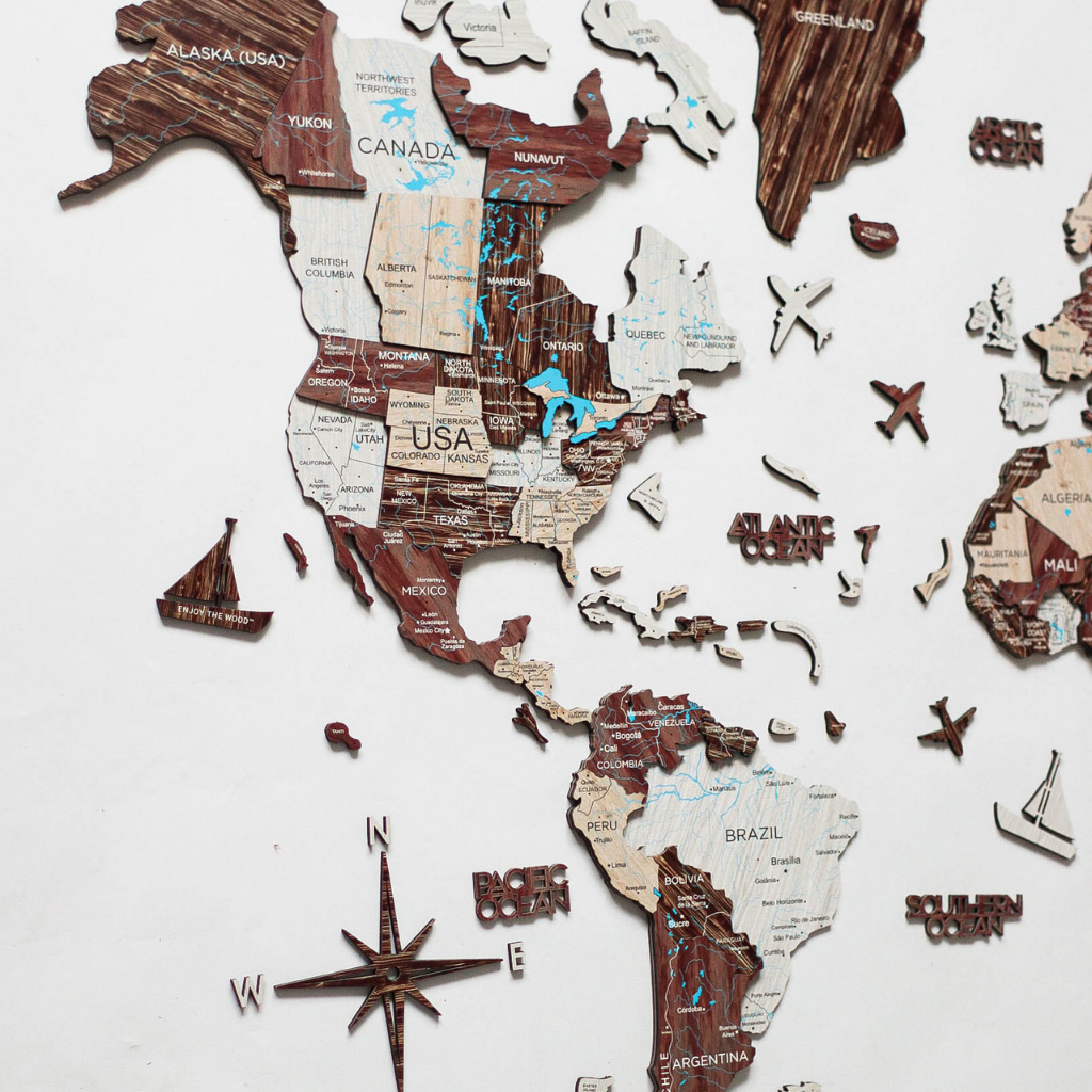 3D Wood World Map カプチーノカラー 木製世界地図 【南極大陸