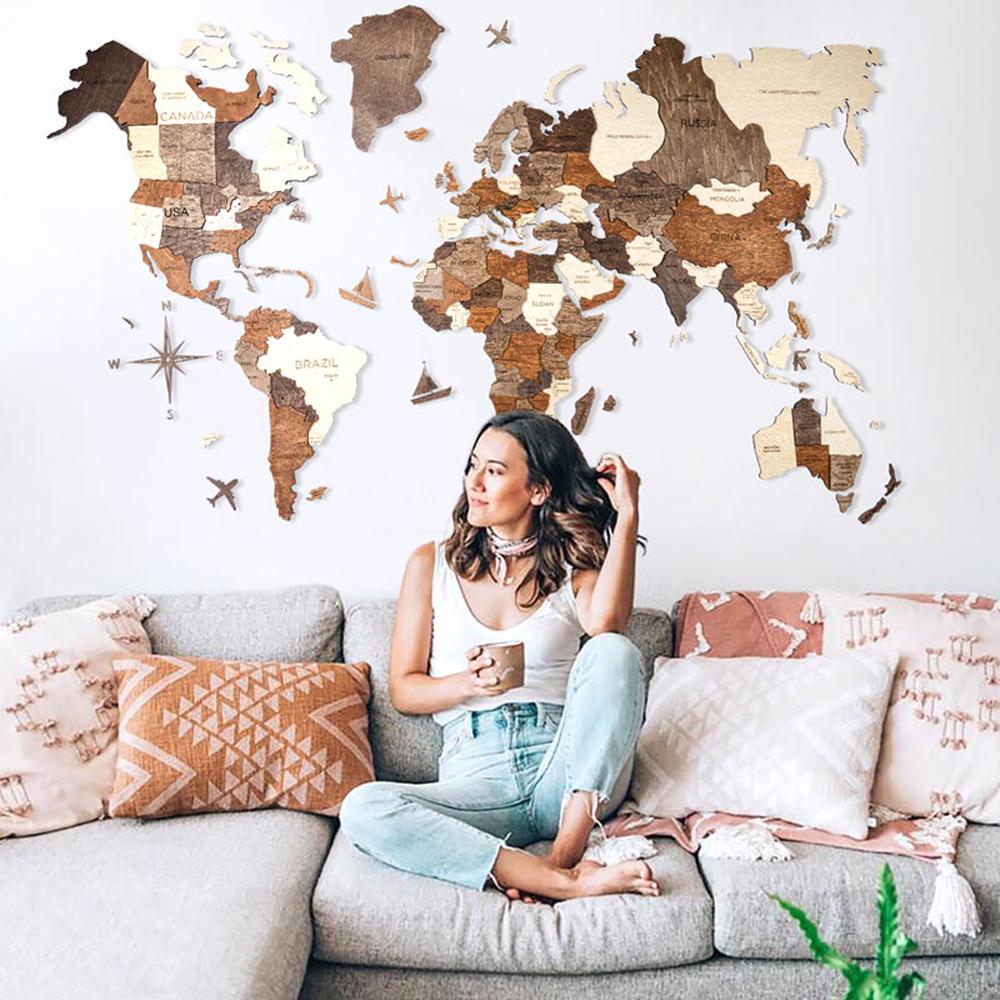 3D Wood World Map ナチュラルウッドカラー 壁掛け木製世界地図【翌日出荷】