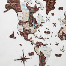 画像をギャラリービューアに読み込む, 3D Wood World Map カプチーノカラー 壁掛け木製世界地図【翌日出荷】